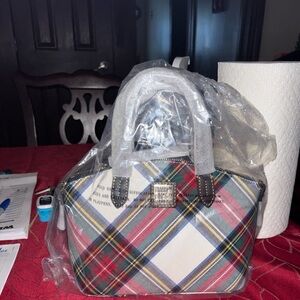 Dooney Bourke 🆕 Mini Tartan ruby Dome Satchel white Plaid w/Italian leather